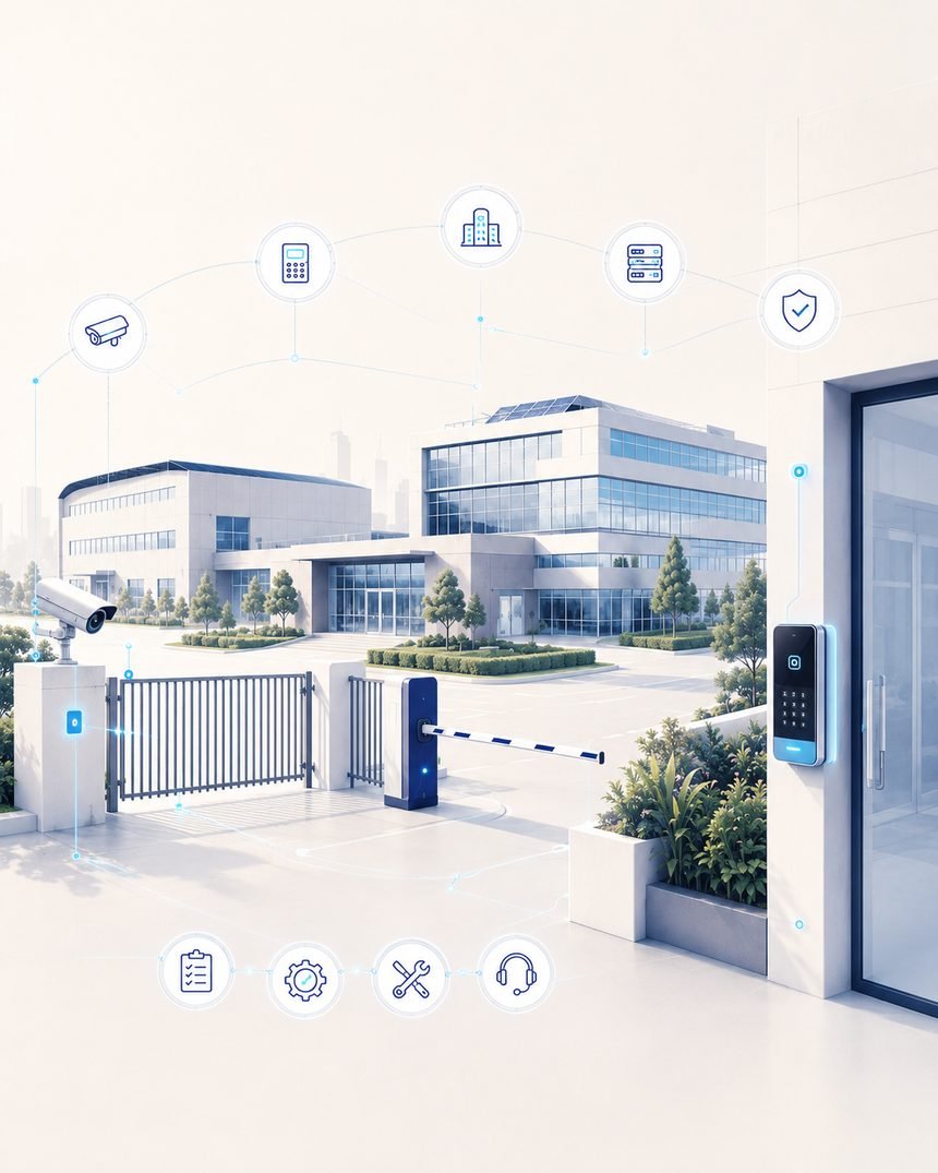 Vista Network integrated campus, gate, barrier, CCTV, and door access illustration